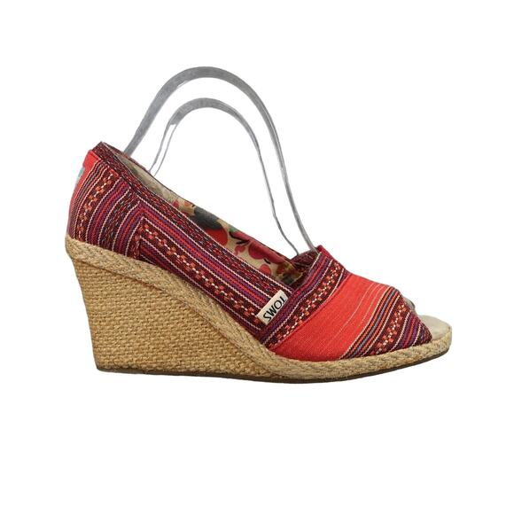 Toms Shoes Womens 8 Wedge Sandal Casuall Fashion Calypso Espadrille Red Peep Toe - Picture 2 of 14
